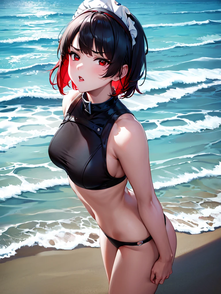 (high res, 8K, masterpiece, looking at viewer, best quality, very aesthetic, ultra detailed, ultra background, ultra Eyes), intricate details, 1girl, Ellen Joe, Red eye, Black Short Hair, red hair at the edge of the ear, Black Bikini, maid headband, Red Lips, Angry Face, Shark tail, sitiing on the sand, Background Sea, Beach, Cinematic Angle