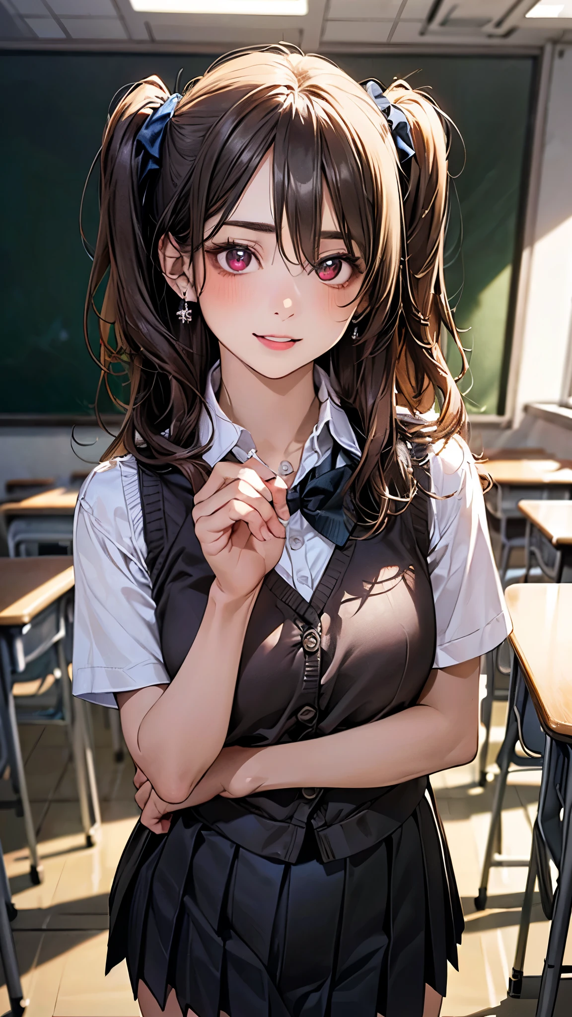 (masterpiece:1.2, top-quality), (realistic, photorealistic:1.4), beautiful illustration, (natural side lighting, movie lighting), depth of fields,
looking at viewer, upper body, face close-up, front view, 1 girl, , (perfect anatomy, anatomically correct, super detailed skin), cute and symmetrical face, perfect face, perfect eyes,
(long hair, (two side up:1.3), dark brown hair), hair between eyes, maroon eyes, big eyes, long eye lasher, (medium breasts, thigh), perfect body, shiny skin,
beautiful detailed hair, beautiful detailed face, beautiful detailed eyes, beautiful clavicle, beautiful body, beautiful chest, beautiful thigh, beautiful legs, beautiful fingers,
((detailed cloth texture, break short sleeve white collared shirt, break brown knit vest, break black pleated skirt, break dark green bow tie)), break white hair ribbon,
(beautiful scenery), (school classroom background:1.2), standing, (sitting on desk), (lovely smile, parted lips),