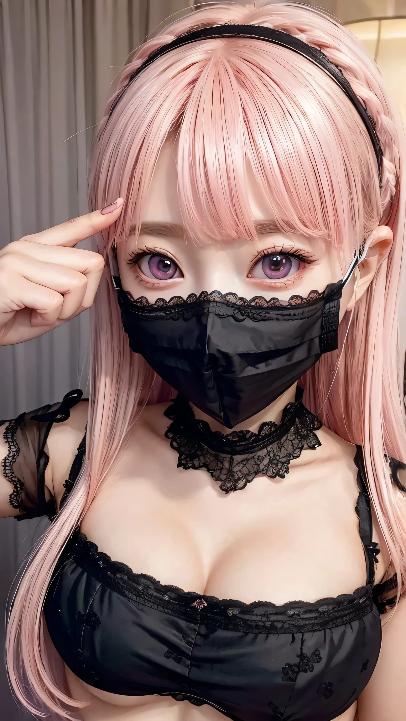 (4K quality:1.3),(Highest quality:1.3),(19 years old:1.3),(Large Breasts:1.6),Overdeveloped breasts:1.6,Big Breasts:1.6,Large Breasts in the World,Extra large chest:1.3,One of the largest breasts in the world,Saggy breasts,rich,Upper Body,smile,Japanese Voice Actors,Overflowing breasts,(jewelry),Captivate a man,Cleavage,(Con Cafe:1.5),(Celebrities:1.4),(thin:1.2),(Tight waist:1.4,(Night viewの良いホテル:1.1),(luxury:1.2),(Arisa Hanyu:1.5),(anorexia:1.4),(Night view:1.3),(Close up on face:1.2),Catchlight,(Child face:1.6),(smile:1.1),(Lori:1.5),(Pink Hair:1.6),(Short Hair),(Deep pink eyes:1.4),(2D cuteness:1.5),(Cute Makeup),Beautiful fingertips,Black lace collar,(black lace mask:1.3),(The gesture of removing the mask:1.3),(Mine system)