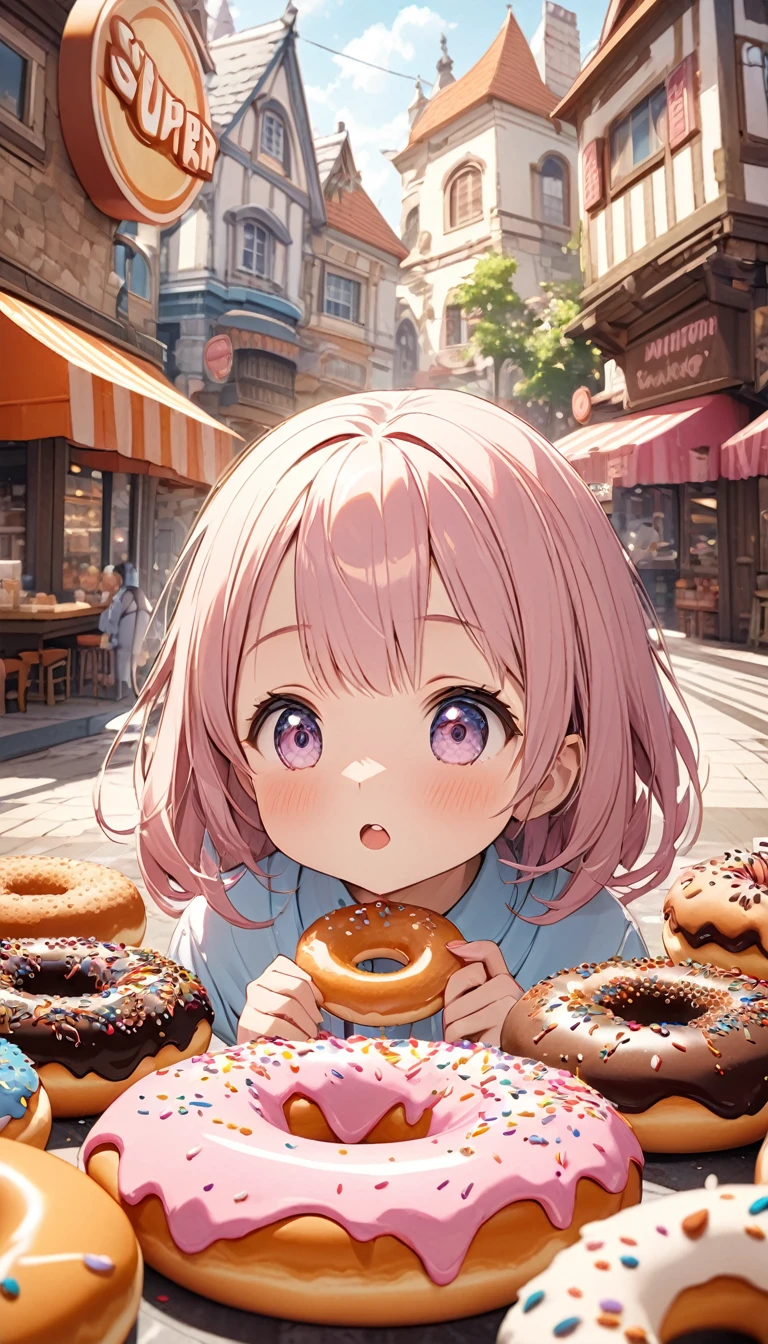 Beautiful, cute and lively donut shop.Host a tasting event.Close-up of cute girl eating donuts.Beautiful and extremely textured foreground and background，detailed, bright, Animation style high definition and high quality presentation((Masterpieces in up to 16K resolution):1.6),((soft_color_photography:)1.5), ((Super detailed):1.4),((Typical static images and dynamic angles):1.3),