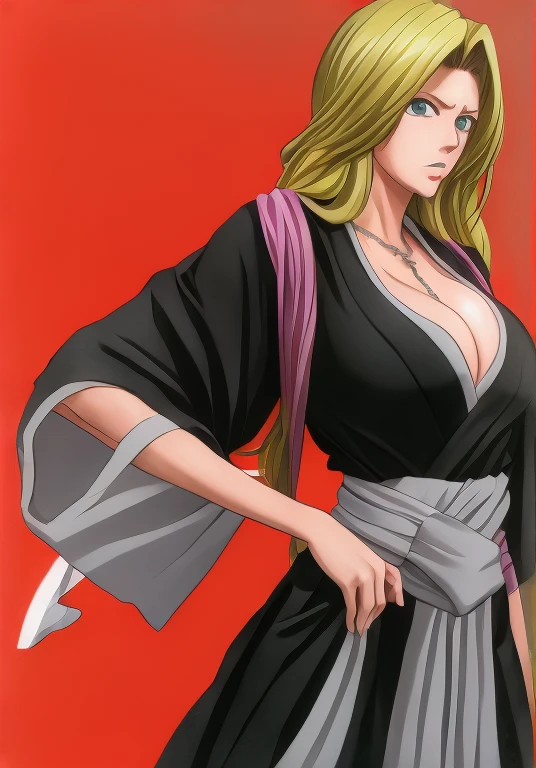 anatomically correct, best quality, masterpiece, high quality, high details, highres, HD, (shaded face:1.2), hollow eyes, blue eyes, looking at viewer, heavy breathing, smirk, uppert teeth, lips, orange hair, long hair, forehead, black dress, navel, a woman in a short skirt holding a knife, inspired by Li Shida, pixiv, sfw huge breasts, detail shot, bbwchan