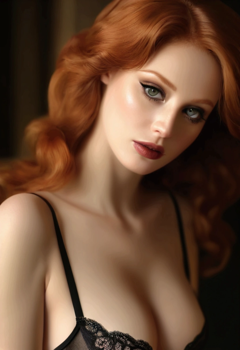 a beautiful redheaded woman, black lingerie, black stockings, fantastic curves, light and shadow modeling very feminine body, (best quality,4k,8k,highres,masterpiece:1.2),ultra-detailed,(realistic,photorealistic,photo-realistic:1.37),detailed facial features,beautiful detailed eyes,beautiful detailed lips,extremely detailed eyes and face,longeyelashes,dramatic lighting,dramatic shadows,highly detailed,intricate details,chiaroscuro,cinematic lighting,moody lighting,dramatic poses,sensual,alluring,elegant,graceful,atmospheric,cinematic,high fashion photography