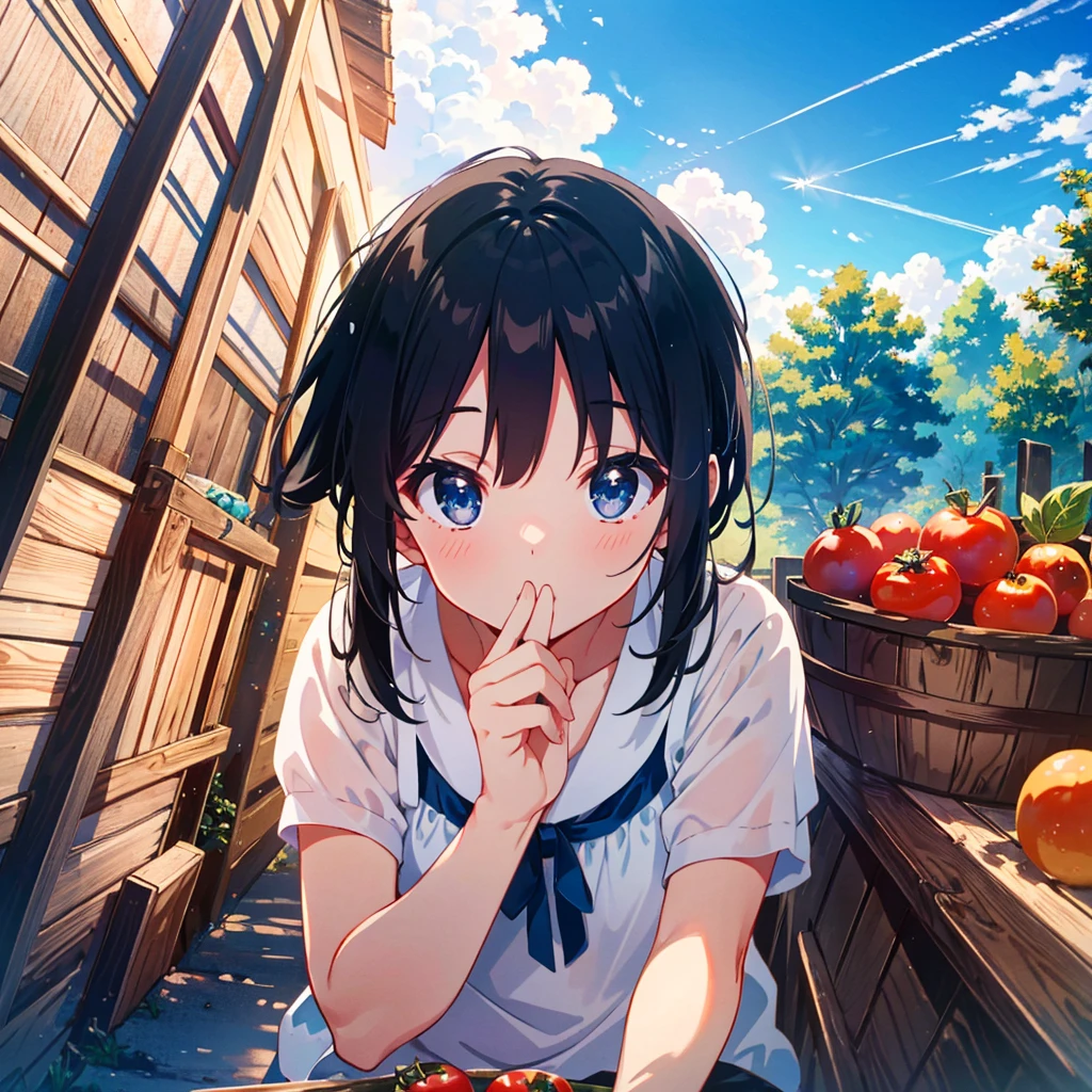 a extreme detailed portrait photo of stunningly-beautiful blue wide-sky mid-summer scene, a very cute girl(2023 anime style) is sitting at tomato farm and looking up at strong summerlight(from foreground) with contrail, she is holding tomato, bucket, lush old house background, a professional photographer shooting with an ultra wide-angle camera and lens in an upward angle with the DSLR and the lens is SIGMA 24mm F1.4 DG | Art, 24mm F1.4, dynamic blue scene, fresh tomato
