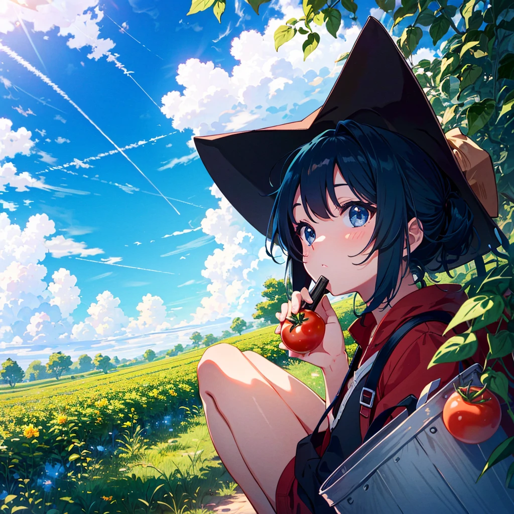 a extreme detailed portrait photo of stunningly-beautiful blue wide-sky mid-summer scene, a very cute girl(2023 anime style) is sitting at tomato farm and looking up at strong summerlight(from foreground) with contrail, she is holding tomato, bucket, lush old house background, a professional photographer shooting with an ultra wide-angle camera and lens in an upward angle with the DSLR and the lens is SIGMA 24mm F1.4 DG | Art, 24mm F1.4, dynamic blue scene, fresh tomato