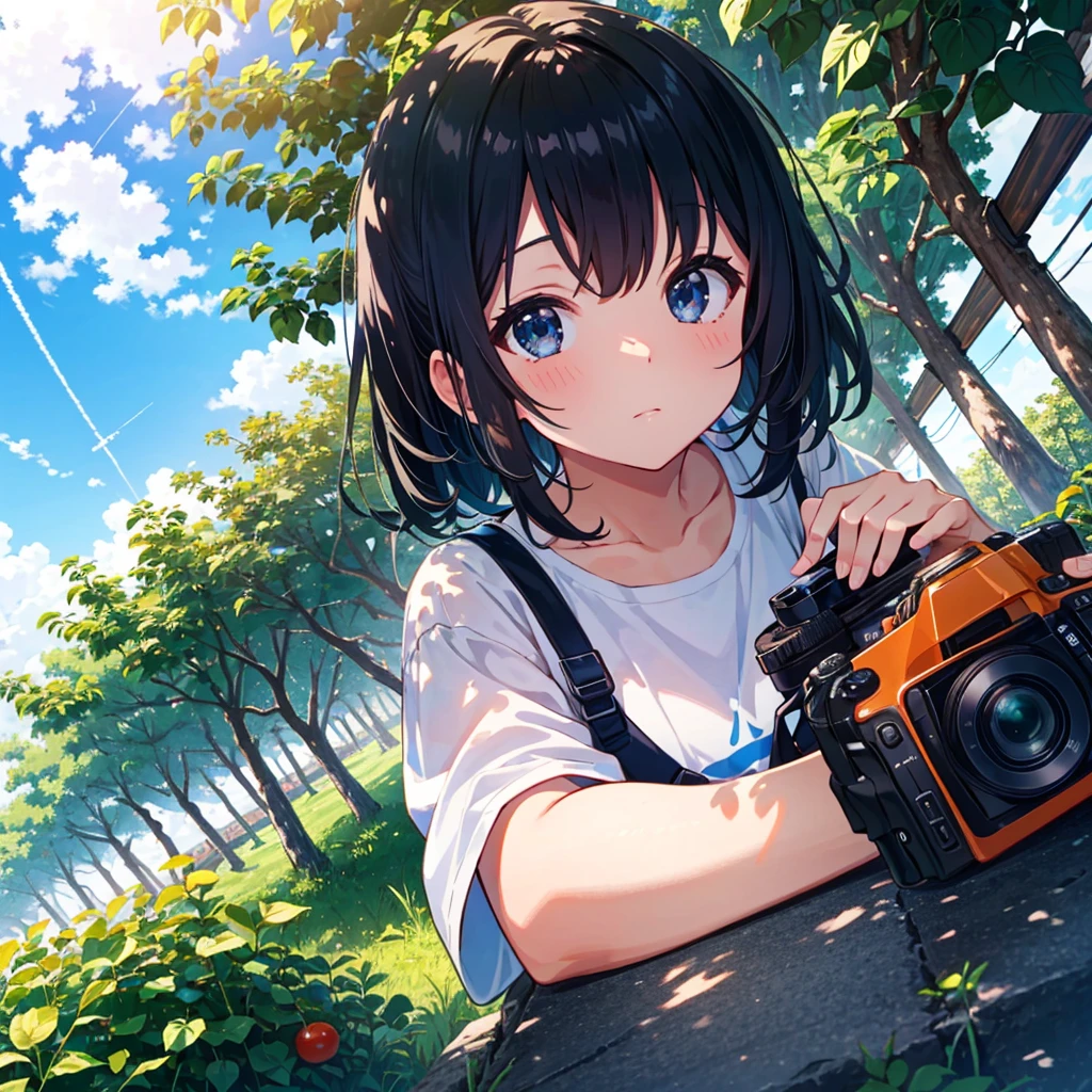 a extreme detailed portrait photo of stunningly-beautiful blue wide-sky mid-summer scene, a very cute girl(2023 anime style) is sitting at tomato farm and looking up at strong summerlight(from foreground) with contrail, she is holding tomato, bucket, lush old house background, a professional photographer shooting with an ultra wide-angle camera and lens in an upward angle with the DSLR and the lens is SIGMA 24mm F1.4 DG | Art, 24mm F1.4, dynamic blue scene, fresh tomato