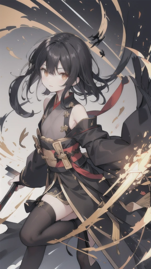 short black hair，Golden pupils，Black Hanfu and armor，Black long knife，crow flying in the air，black stockings，Wearing a black glove on the left hand,little chest