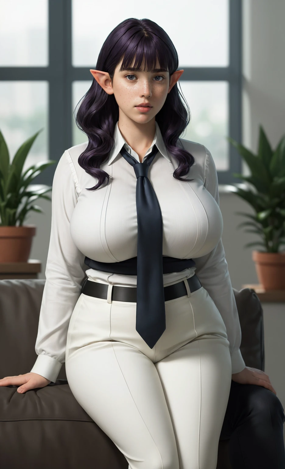 (masterpiece), (extremely intricate:1.3), (realistic), freckles, pale skin, (wavy dark purple hair with bangs and a fringe:1.2), (elf ears:1.1), portrait of a girl, short and curvy body type, thick, (enormous breasts:1.4), heaving bosom, thick thighs, the most beautiful in the world, (long sleeve white shirt:1.1), (blue necktie:1.1), (black trousers:1.1), detailed textures, natural beauty, in a trendy office building, sitting on a sofa in a room with lots of potted plants, sitting cross legged, professional photograph of a stunning woman detailed, looking at the camera, alluring stare, dreamlike quality, detailed eyes, sharp focus, dramatic, award winning, cinematic lighting, octane render unreal engine, volumetrics dtx, (film grain, blurry background, blurry foreground, bokeh, depth of field, motion blur:1.3)