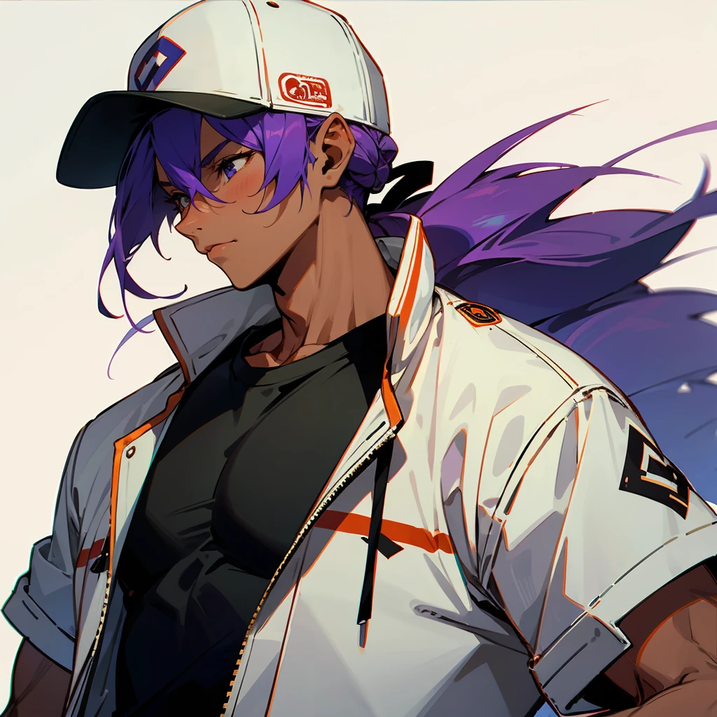 Purple Hair, Tied in a bun,Wearing a baseball cap,Tan in skin color ,Chill baggy clothes, Calm Expression , Muscular , Black T-Shirt , White Varsity Jacket 