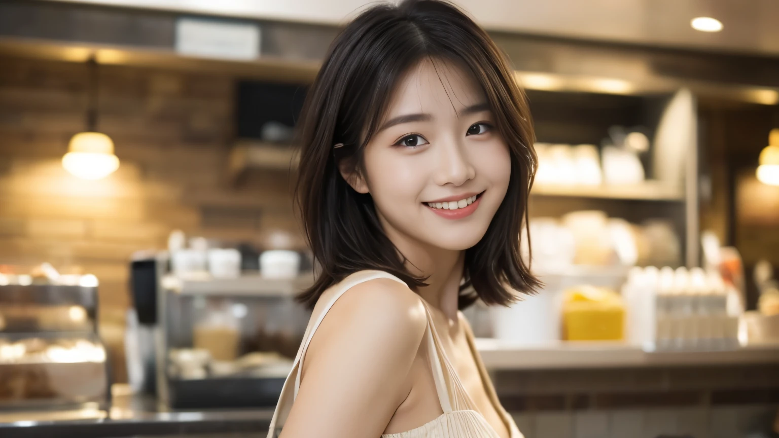 super high quality, Fashion Model, smile, Slenderのネックレス, Slender, The staff is working at the counter in the back., (8k、RAW Photos、Highest quality、masterpiece:1.2), Fashion magazine photoshoot, (Realistic、Photorealistic:1.37), Beautiful Face , Golden Ratio, Raw photo, Light Brown Hair, Small breasts, Blurred Background, Famous actress, Summer clothes, Beauty, Cafe Terrace, Open Cafe, Photographed inside the cafe, Hair blowing in the wind, Neat clothes, Very Short Hair, 18-year-old, Cool older sister,