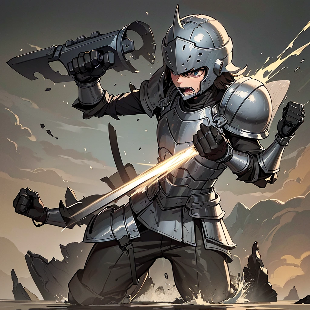 Best illustrations、Best Quality、(((Simple grey armor、Black trousers、Black gloves、Short Hair、Black Hair、20 year old man、Iron Helmet、Iron helmet)))、(((Fighting Pose)))、(Old ruins、desert。Grasasked Knight)、(Black, muddy swamp)、(Medieval Knight)、(Close your eyes、get annoyed、Open your mouth、Get angry、Sweat)、battlefield、(From the back)、Sea of mud、Black Sea、Sea of mudに倒れる、Sea of mudに沈む
