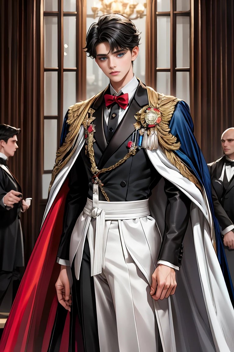 masterpiece, 最high quality, high quality, 1 boy, alone, Male focus, Watching the audience, Messy black hair, Adorable big blue eyes, White, Noble, Noble,A sexy, voluminous, puffy cape、tuxedo、A very voluminous, large, very large, very large, long, long red and black cape with a high stand-up collar, made of a lot of fabric that reaches down to the floor., ,Cute beautiful boys,Cute, cute, kind, handsome guy