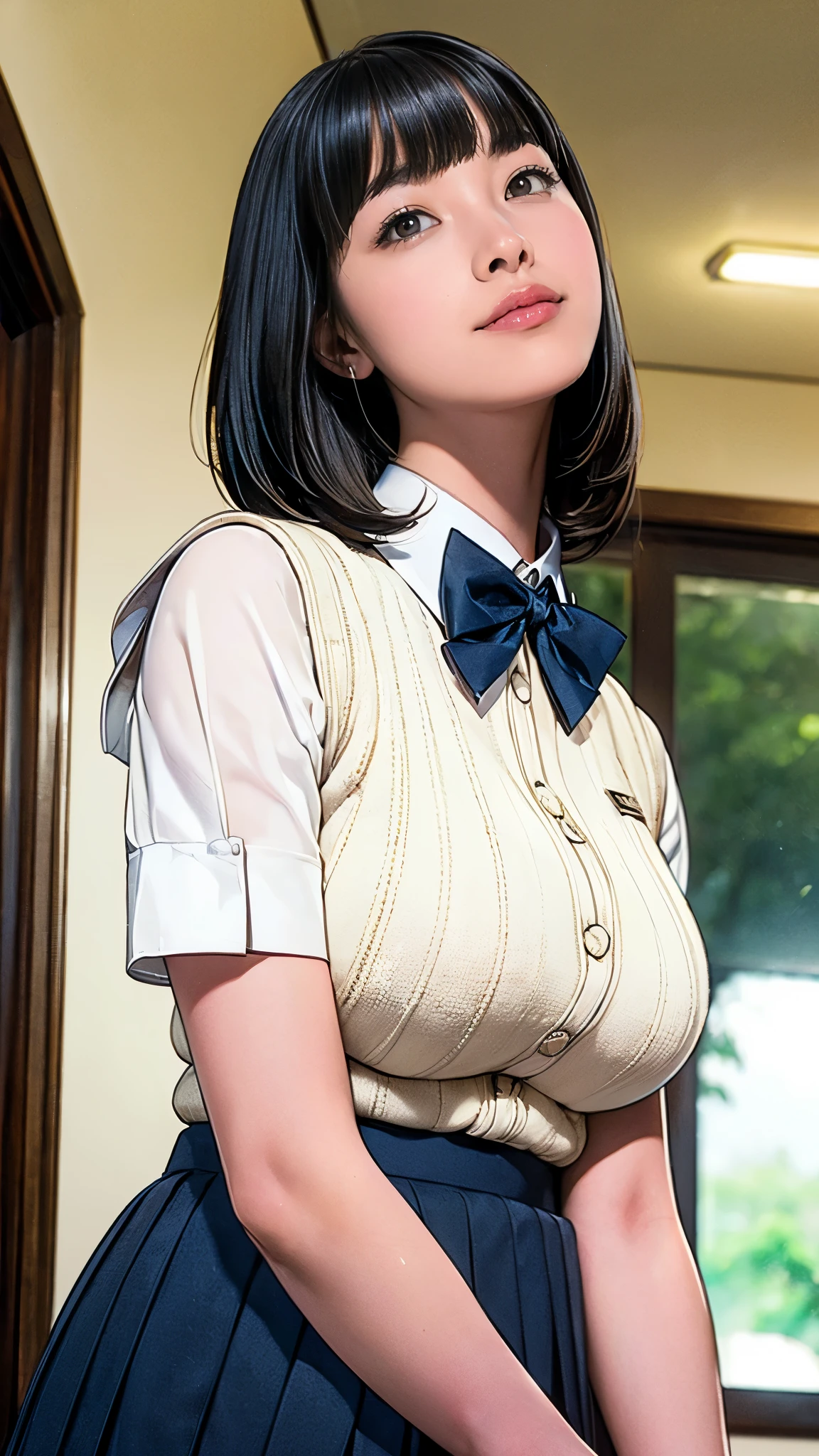 (masterpiece:1.2, Highest quality), (Realistic, photoRealistic:1.4), (Large Breasts:1.5), Beautiful illustrations, (Natural Side Lighting, Cinema Lighting), Written boundary depth, Looking at the audience, (Face Focus, Upper Body), Front view, 1 girl, Japanese, high school girl, 15 years old, Perfect Face, Symmetrical cute face, Glowing Skin, (Bob Hair:1.7,Black Hair), Asymmetrical bangs, Big eyes, Droopy eyes, long eyelashes chest), thin, Beautiful Hair, Beautiful Face, Beautiful and beautiful eyes, Beautiful clavicle, Beautiful body, Beautiful breasts, Beautiful thighs, Beautiful legs, Beautiful fingers, ((Quality fabric texture, brown knit vest, Short sleeve white collar shirt, Navy Pleated Skirt, Navy bow tie)), (Beautiful views), evening, (Inside the flower shop), Are standing, (smile, Superior, Open your mouth), (From below:1.5),(Poor visibility:1.5), (From below)