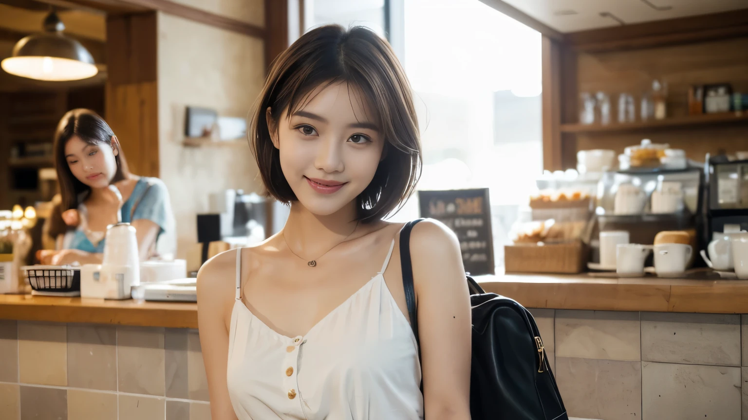 super high quality, Fashion Model, smile, Slenderのネックレス, Slender, The staff is working at the counter in the back., (8k、RAW Photos、Highest quality、masterpiece:1.2), Fashion magazine photoshoot, (Realistic、Photorealistic:1.37), Beautiful Face , Golden Ratio, Raw photo, Light Brown Hair, Small breasts, Blurred Background, Famous actress, Summer clothes, Beauty, Cafe Terrace, Open Cafe, Photographed inside the cafe, Hair blowing in the wind, Neat clothes, Very Short Hair, 18-year-old, Cool older sister, 

