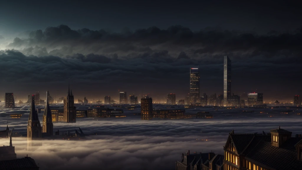 masterpiece, best quality, extremely detailed, hyperrealistic, photorealistic, city, in the night, nightmarish, mystical fog, smoke, a lot of buildings