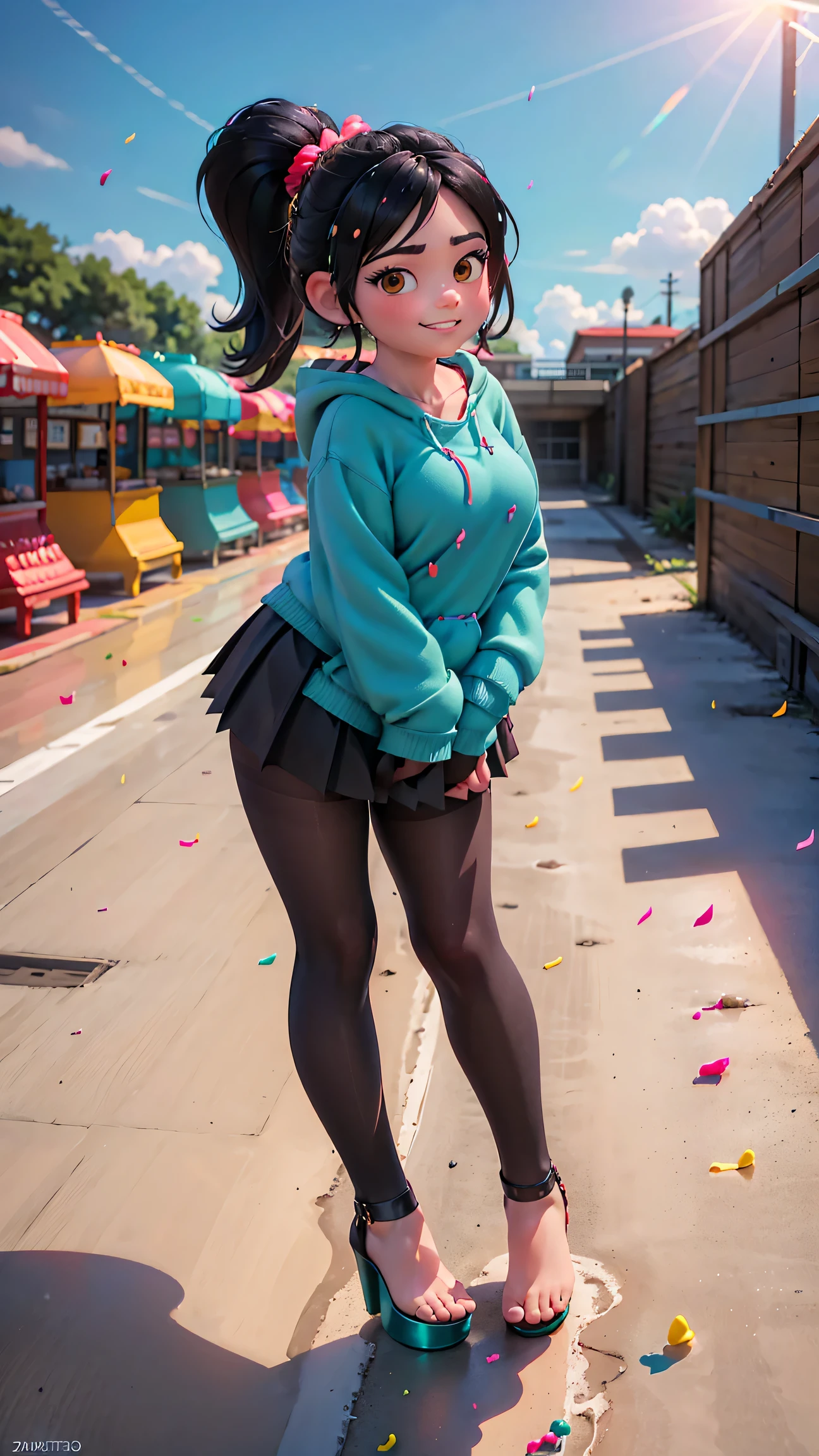 [Wreck_It_Ralph_Movie], ((masterpiece)), ((high quality)), ((HD)), ((beautiful portrait)), ((front view)), ((full body)), ((feet visible, visible feet, highly detailed feet, barefoot, platform high heels)), ((beautiful background)), {vanellope von schweetz, black hair, red scrunchy, short ponytail, (candy in hair:1.2), (cute half-closed brown eyes), adult woman, beautiful legs, curvy hips, side-boobs, smug smirk, white teeth}, {(aqua sweatshirt), (brown tuffled skirt), (aqua striped pantyhose)}, {(standing on raceway), (hands in pockets), (looking at viewer)}, [Background: (racetrack), (confetti), (blue sky), (bright sun), (sun rays)]