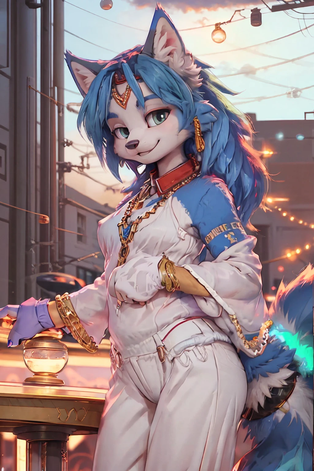 A beautiful and detailed (sweet picture ) wa ((krystal)), Star Fox krystal, sslim, green eyes, medium breasts, (((Long blue hair 1.3))), Decollete, anthro, furry, Uploaded E621, detailed fluffy fur, (wa Fluff-Kevlar, Bayard Wu, personalize me, Pino Daeni), detailed face, (fluffy), 1 girl, alone, Sweet young girl, Viewers look at, smile, 