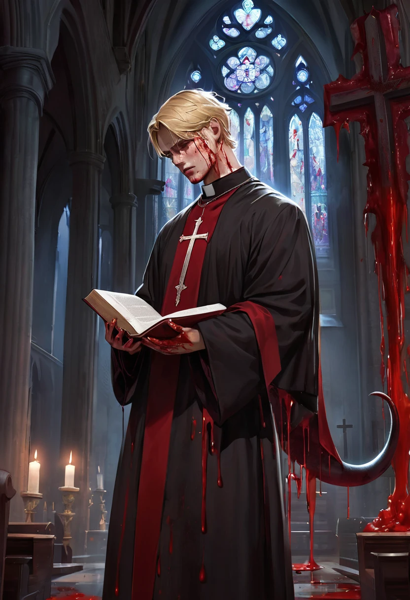 "Realistic Digital Painting with Concept Art Elements"," digital painting," "concept art," "realistic," "high detail", "1boy", "muscular", "wearing priest garment", "blood all over his hands and priest garments", "high-res", "blonde hair", "church", "moonlight", "bible in hand", "full body shot", "ominous aura,", "demon tail underneath priest garments", "bloody garments", "blood all over his face" "detailed-Eyes", "detailed-face", "blood on lips", "blood trickling down chin", "8k resolution", "heavily bloody as the entire garment is coated in red liquid", "soft colors" , "cool ambience" , "blood over the garment.", "praying" , "holding bible"