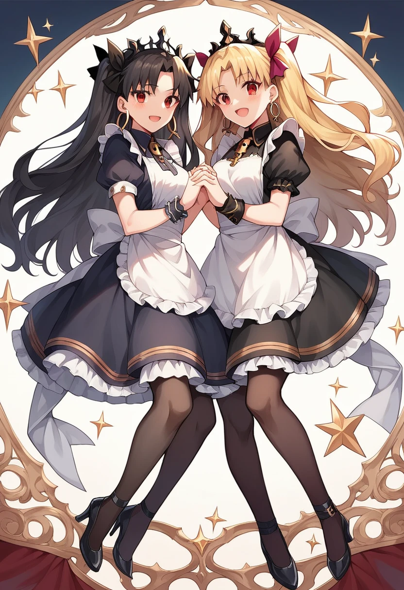 ereshkigal (fate), ishtar (fate), long hair, breasts, looking at viewer, blush, smile, open mouth, bangs, multiple girls, blonde hair, black hair, red eyes, dress, bow, ribbon, 2girls, jewelry, short sleeves, pantyhose, earrings, frills, alternate costume, puffy sleeves, apron, black dress, high heels, two side up, puffy short sleeves, parted bangs, wrist cuffs, maid, sparkle, holding hands, siblings, tiara, sisters, interlocked fingers, maid apron, hoop earrings, enmaided