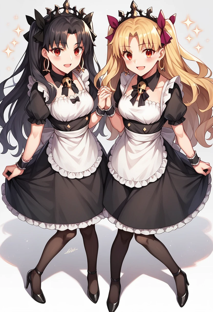ereshkigal (fate), ishtar (fate), long hair, breasts, looking at viewer, blush, smile, open mouth, bangs, multiple girls, blonde hair, black hair, red eyes, dress, bow, ribbon, 2girls, jewelry, short sleeves, pantyhose, earrings, frills, alternate costume, puffy sleeves, apron, black dress, high heels, two side up, puffy short sleeves, parted bangs, wrist cuffs, maid, sparkle, holding hands, siblings, tiara, sisters, interlocked fingers, maid apron, hoop earrings, enmaided