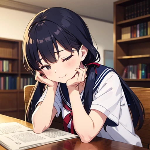 1girl, 16yo, (sitting),
(leaning forward, bend over:1.2),
(place head on the desk:1.4), falling asleep,
(arms down), arms on the desk, hands on the desk, hands in front, arms in front,
dynamic,
(closed eyes), happy smile,
indoors, desk, chair, library, electric fan, (black hair, very long hair), (low twintails:1.2), low pigtails, red hair ribbon,
navy-blue collar, white serafuku with blue ribbon, navy-blue skirt,
(dark brown eye), upper body,
afternoon, summer,
from front, (from above:0.5),
high brightness, detailed face, detailed eyes,
(high quality, ultra detailed, masterpiece, super detail, highres, anatomically correct, UHD),
Japanese anime style, extremely cute, good hands, good fingers