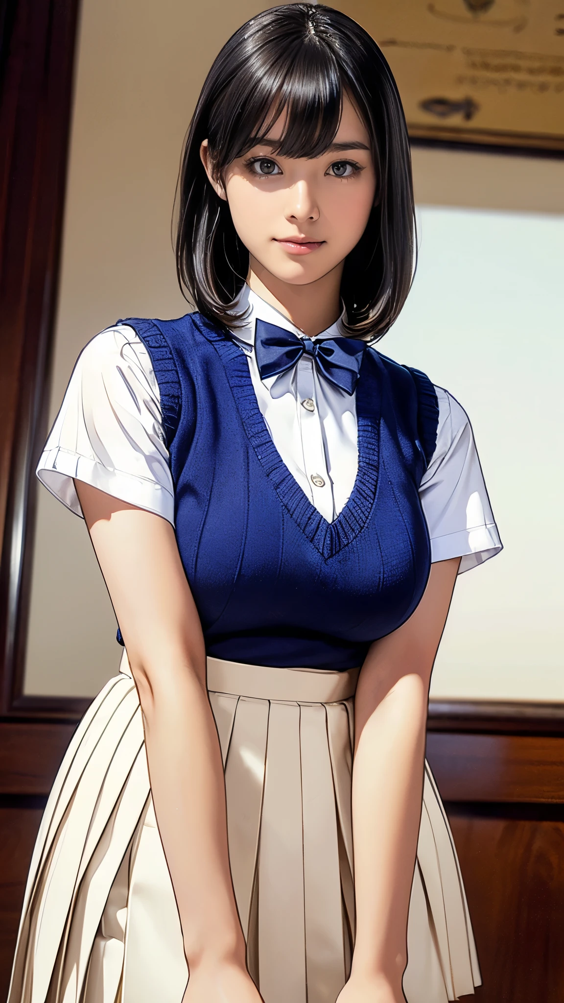(masterpiece:1.2, Highest quality), (Realistic, photoRealistic:1.4), (Large Breasts:1.5), Beautiful illustrations, (Natural Side Lighting, Cinema Lighting), Written boundary depth, Looking at the audience, (Face Focus, Upper Body), Front view, 1 girl, Japanese, high school girl, 15 years old, Perfect Face, Symmetrical cute face, Glowing Skin, (Bob Hair:1.7,Black Hair), Asymmetrical bangs, Big eyes, Droopy eyes, long eyelashes chest), thin, Beautiful Hair, Beautiful Face, Beautiful and beautiful eyes, Beautiful clavicle, Beautiful body, Beautiful breasts, Beautiful thighs, Beautiful legs, Beautiful fingers, ((Quality fabric texture, brown knit vest, Short sleeve white collar shirt, Navy Pleated Skirt, Navy bow tie)), (Beautiful views), evening, (Inside the flower shop), Are standing, (smile, Superior, Open your mouth), (From below:1.5),(Poor visibility:1.5), (From below)