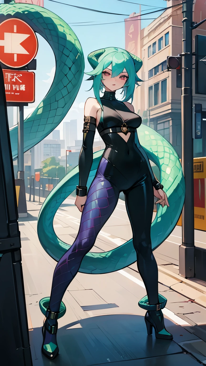 a beautiful snake girl, modern world, dangerous, highly detailed clothing, narrow pupils, full body shot, sexy, Lamia, woman, great shapes, dynamic art, Snake Girl, Modern Clothes, City, Bright Colors, Street style, sexy, Snake Girl, Naga, Lamia