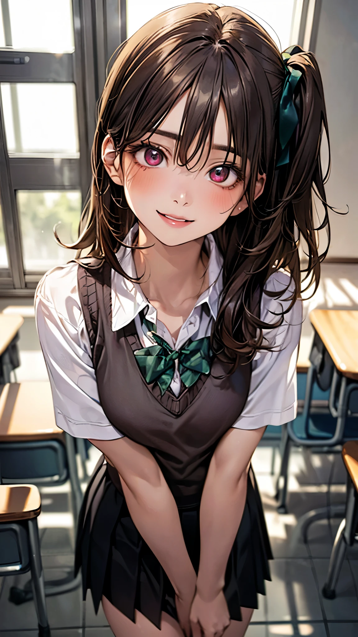 (masterpiece:1.2, top-quality), (realistic, photorealistic:1.4), beautiful illustration, (natural side lighting, movie lighting), depth of fields,
looking at viewer, upper body, face close-up, front view, 1 girl, 10 years old, (perfect anatomy, anatomically correct, super detailed skin), cute and symmetrical face, perfect face, perfect eyes,
(long hair, (two side up:1.3), dark brown hair), hair between eyes, maroon eyes, big eyes, long eye lasher, (medium breasts, thigh), perfect body, shiny skin,
beautiful detailed hair, beautiful detailed face, beautiful detailed eyes, beautiful clavicle, beautiful body, beautiful chest, beautiful thigh, beautiful legs, beautiful fingers,
((detailed cloth texture, break short sleeve white collared shirt, break brown knit vest, break black pleated skirt, break dark green bow tie)), break white hair ribbon,
(beautiful scenery), (school classroom background:1.2), standing, (leaning forward, arms behind back), (lovely smile, upper eyes, parted lips),