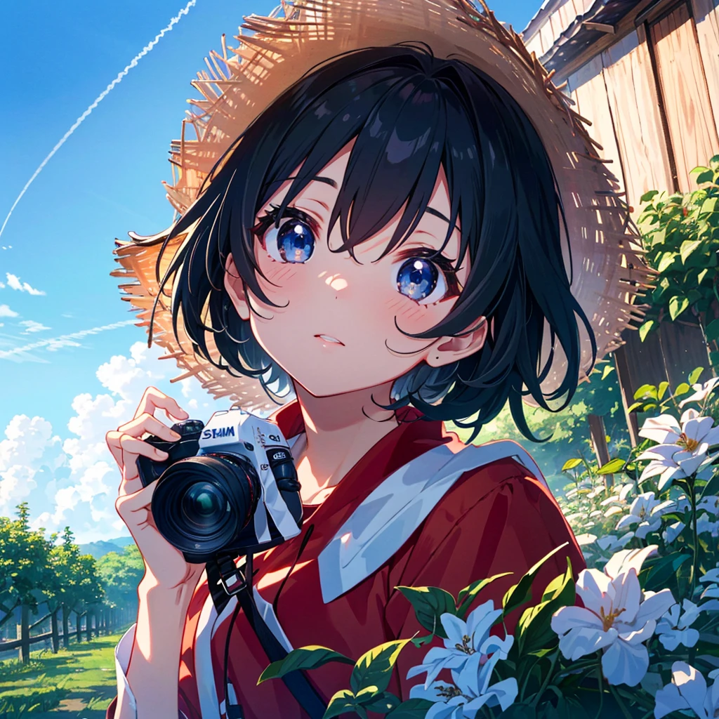 a extreme detailed portrait photo of stunningly-beautiful blue wide-sky mid-summer scene, a very cute girl(2023 anime style) is sitting at tomato farm and looking up at strong summerlight(from foreground) with contrail, she is holding tomato, bucket, lush old house background, a professional photographer shooting with an ultra wide-angle camera and lens in an upward angle with the DSLR and the lens is SIGMA 24mm F1.4 DG | Art, 24mm F1.4, dynamic blue scene, fresh tomato