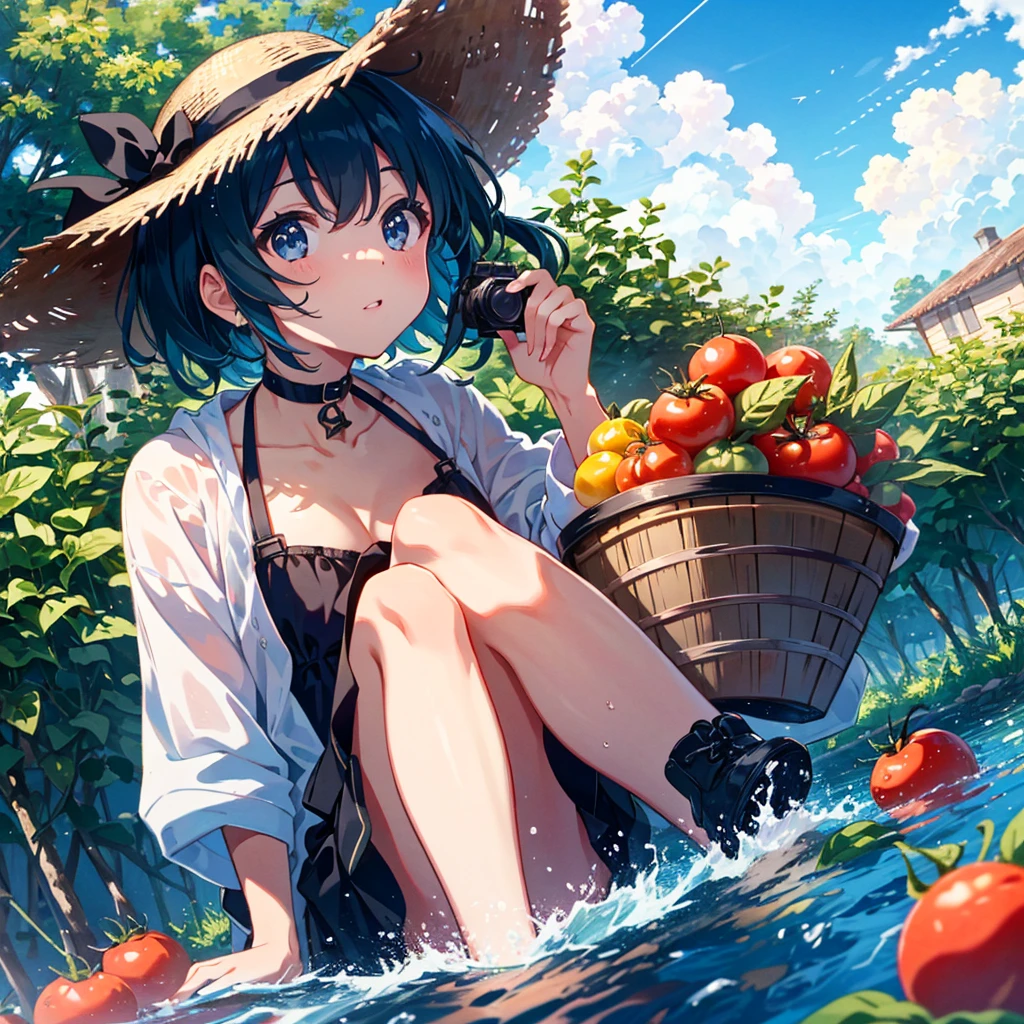 a extreme detailed portrait photo of stunningly-beautiful blue wide-sky mid-summer scene, a very cute girl(2023 anime style) is sitting at tomato farm and looking up at strong summerlight(from foreground) with contrail, she is holding tomato, bucket, lush old house background, a professional photographer shooting with an ultra wide-angle camera and lens in an upward angle with the DSLR and the lens is SIGMA 24mm F1.4 DG | Art, 24mm F1.4, dynamic blue scene, fresh tomato
