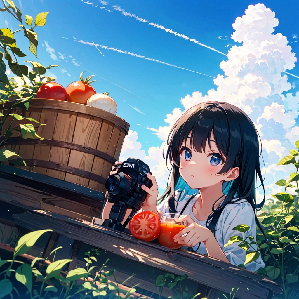 a extreme detailed portrait photo of stunningly-beautiful blue wide-sky mid-summer scene, a very cute girl(2023 anime style) is sitting at tomato farm and looking up at strong summerlight(from foreground) with contrail, she is holding tomato, bucket, lush old house background, a professional photographer shooting with an ultra wide-angle camera and lens in an upward angle with the DSLR and the lens is SIGMA 24mm F1.4 DG | Art, 24mm F1.4, dynamic blue scene, fresh tomato