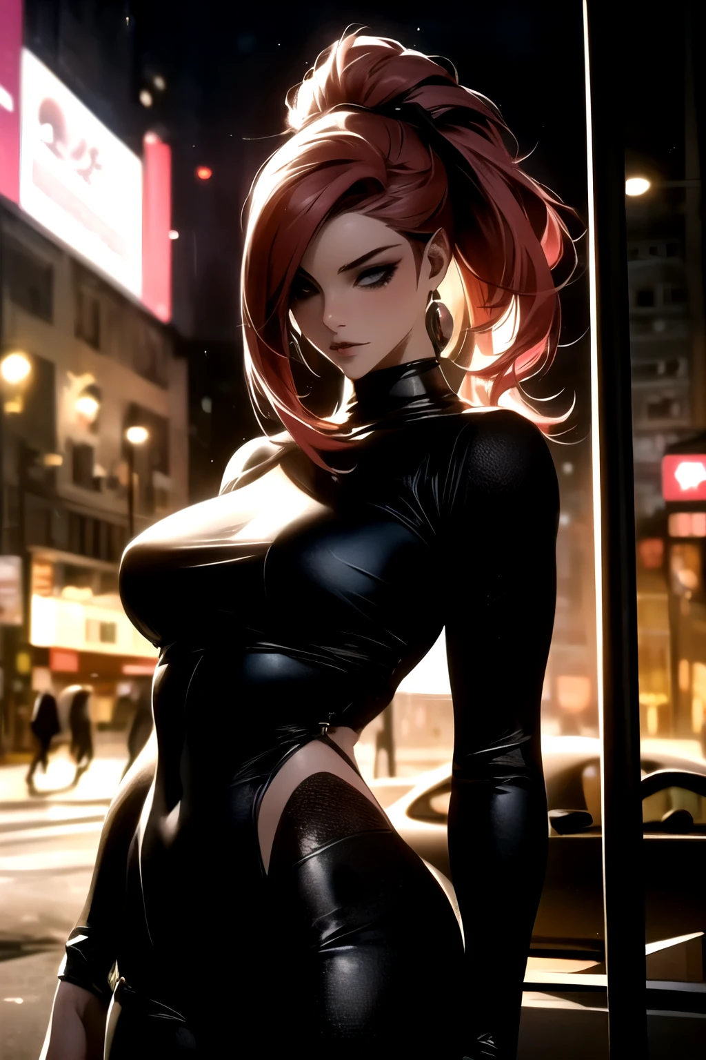 ((best quality)), ((Masterpiece)), (details:1.4), 3d, Image of a beautiful cyberpunk woman., HDR (high dynamic range), hips up,  mature woman, high long ponytail, Red hair, future police, PBR surface, After processing, Anisotropic filtration,depth of field, Maximum clarity and clarity, multi-layered surface, perfect proportions, 8K raw files, cyberpunk, at night, ผมหลายชั้น,  กระโปรงสั้น, natural lighting, soft lighting, sunlight, หน้าอกใหญ่