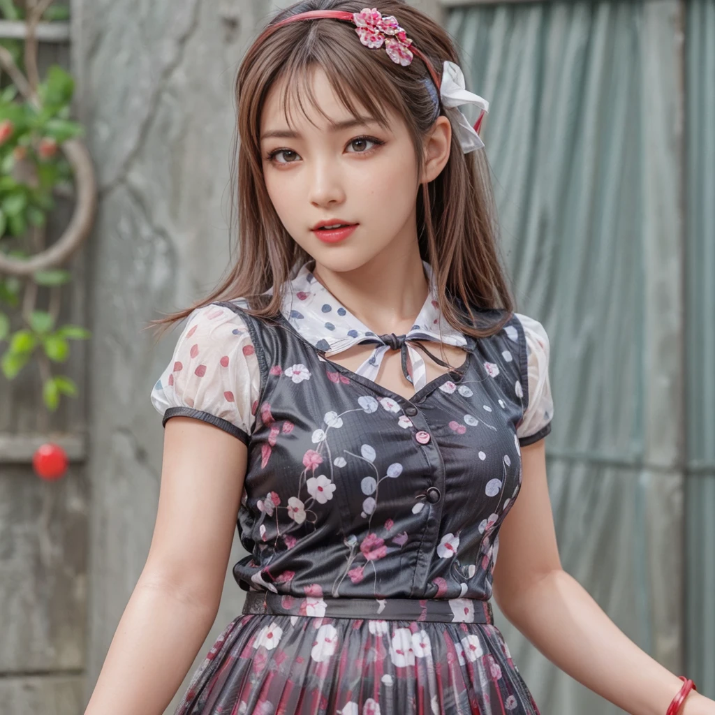 Mai Shiranui, (best quality,ultra-detailed),(Realistic:1.37), beautiful and detailed face, Ultra-realistic texture, delicate face, athletic body, vivid colors. high definition, 8K, wearing red lipstick, rosy cheek.
