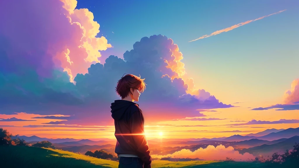 Two people standing on top of a green hill々, anime art wallpaper 4k, anime art wallpaper 4 k, anime wallpaper 4 k, anime wallpaper 4k, anime art wallpaper 8 k, anime style 4 k, 4k anime wallpaper, Makoto Shinkai Cyril Rolland, Watching the sunset. anime, Gweiz-style artwork