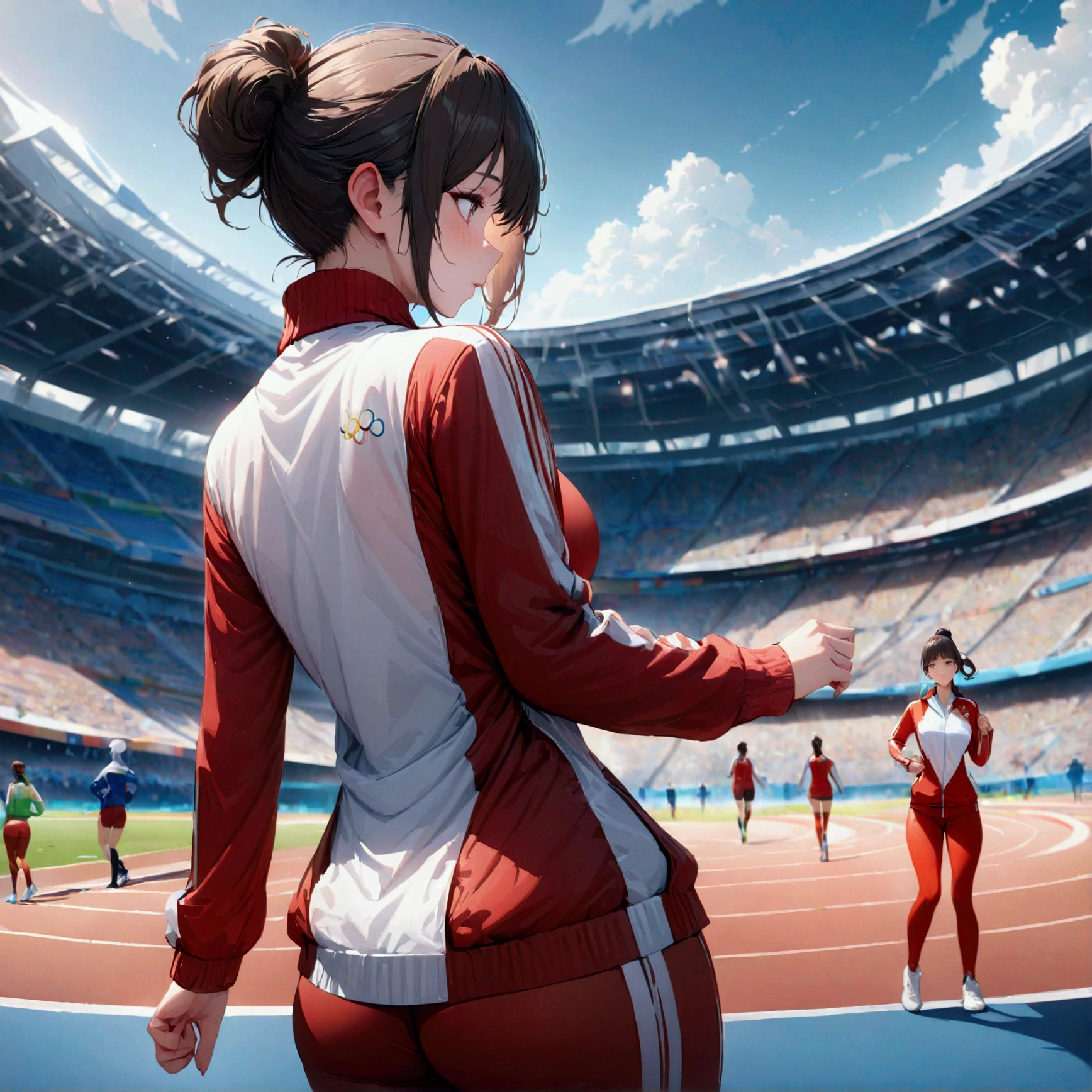 winning run, multiple girls, from behind, (masterpiece:1.2), best quality, high quality, Highres, (hyper detailed), 4K, high resolution, extremely detailed CG, Olympic, athlete, track suit,