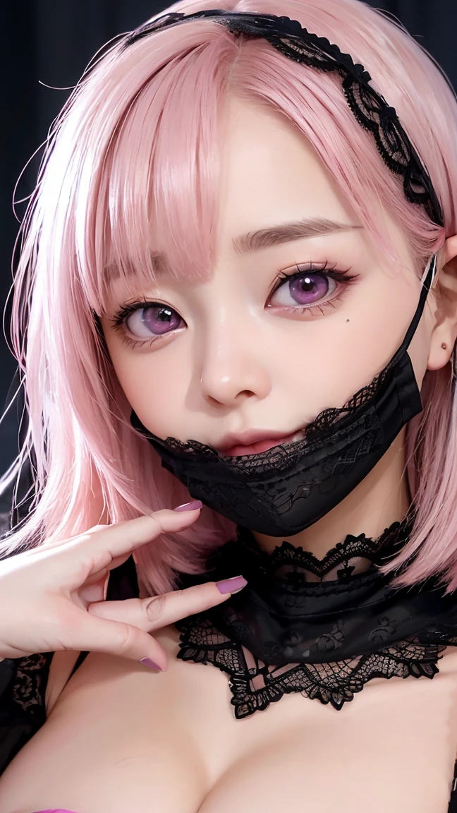 (4K quality:1.3),(Highest quality:1.3),(19 years old:1.3),(Large Breasts:1.6),Overdeveloped breasts:1.6,Big Breasts:1.6,世界一Large Breasts,Extra large chest:1.3,One of the largest breasts in the world,Saggy breasts,rich,Upper Body,smile,Japanese Voice Actors,Overflowing breasts,(jewelry),Captivate a man,Cleavage,(Con Cafe:1.5),(Celebrities:1.4),(thin:1.2),(Tight waist:1.4,(Night viewの良いホテル:1.1),(luxury:1.2),(Arisa Hanyu:1.5),(anorexia:1.4),(Night view:1.3),(Close up on face:1.2),Catchlight,(Child face:1.6),(smile:1.1),(Lori:1.5),(Pink Hair:1.6),(Short Hair),(Deep pink eyes:1.4),(2D cuteness:1.5),(Cute Makeup),Beautiful fingertips,Black lace collar,(black lace mask:1.3),(The gesture of removing the mask:1.3),(Mine system)