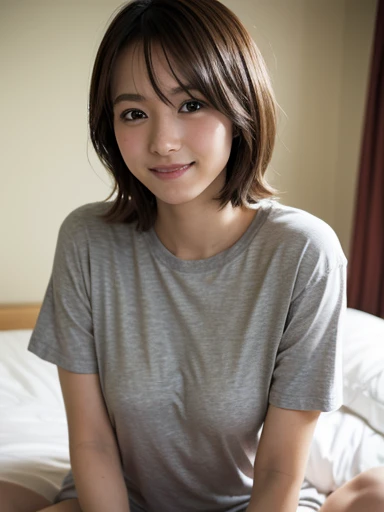 A stylish white hotel room with the morning sun streaming in、White wall、On the bed、18-year-old female、Realistic Skin、((Dark Eyes))、A shy smile、Medium Short Hair、Hiding your face with a peace sign、Grey T-shirt、Yoshitomo Nara, shikamimi, Chiho, mayuri shiina, A real young gravure idol, beast, , Kotegawa Yui, 8k、narumi kakinouchi