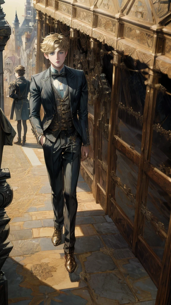 (absurdres, highres, ultra detailed, HDR), masterpiece, Intricate details,best quality picture of a character from Octopath Traveler, handsome blonde teen boy harassed by an angered Captain Jack harkness teen boy, tim burton style, anime eyes, detailed town scenery, detailed character, art kenouji