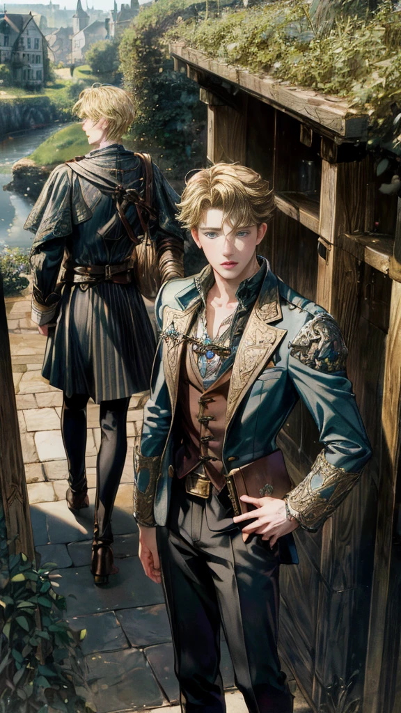 (absurdres, highres, ultra detailed, HDR), masterpiece, Intricate details,best quality picture of a character from Octopath Traveler, handsome blonde boy harassed by an angered Captain Jack harkness teen, tim burton style, anime eyes, detailed town scenery, detailed character, art kenouji