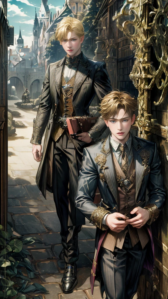 (absurdres, highres, ultra detailed, HDR), masterpiece, Intricate details,best quality picture of a character from Octopath Traveler, handsome blonde boy harassed by an angered Captain Jack harkness teen, tim burton style, anime eyes, detailed town scenery, detailed character, art kenouji