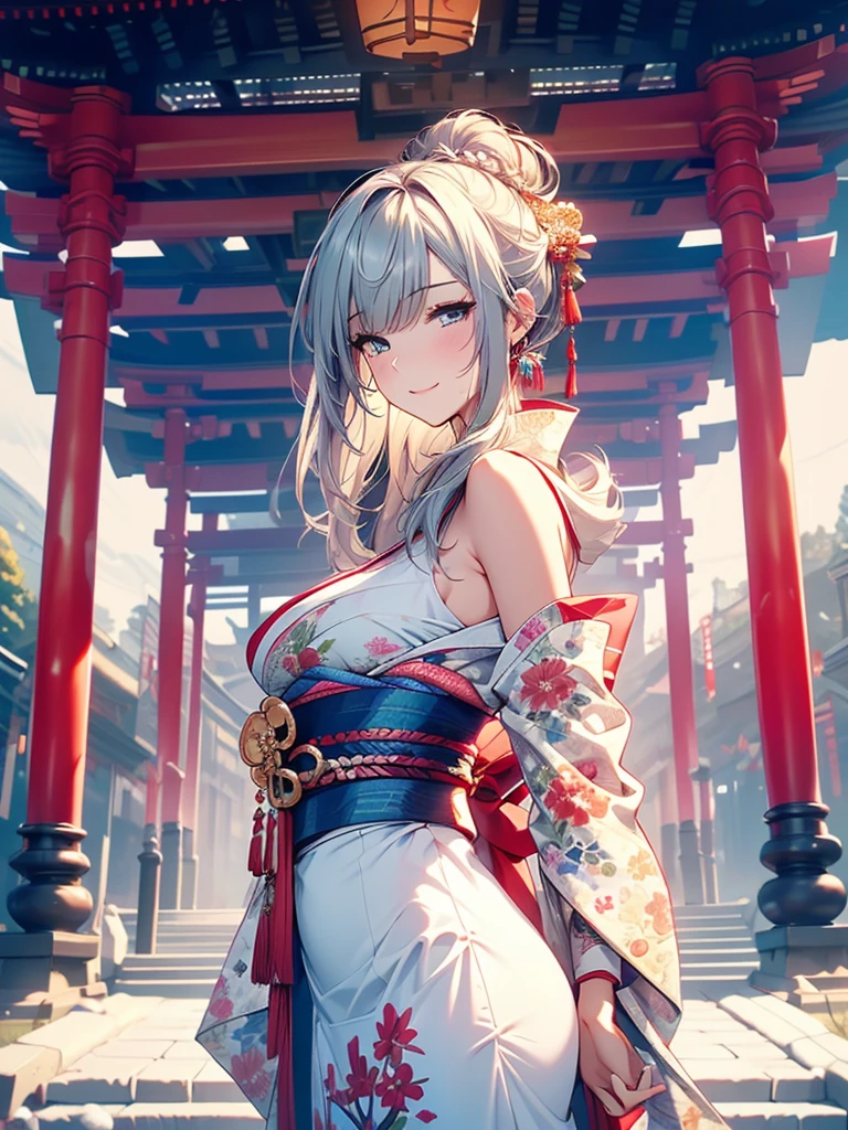 28 years old, Sexy body, Slim body, Silver hair fades to light blue tail, hair covering one eye, /Asymmetrical hair, /half bun hair, /half updo half up half down, /Medium Length Hair, /long wavy hair, blue eyes, break, Japanese clothes, kimono, neat kimono, Zen garden in Japanese temple, In front of the torii gate, New Year Visit, hands together, Pray for the future, Smile, In winter, Snow covered ground, There is snow, snowflake, Dynamic Angle, from the side, (Correct anatomy, Ideal body proportions), (/A night under the stars, /In the morning, under the holy light), break, high resolution, original photo, Photorealism, Stay focused, (natural lighting, Textile shading), Detailed background, Perfect layer cut, Focus on the eyes, (milf:1.5), Depth of Field, Bokeh, cowboy shot, ray tracing, masterpiece, best quality, 8K, retina, masterpiece, ccurate