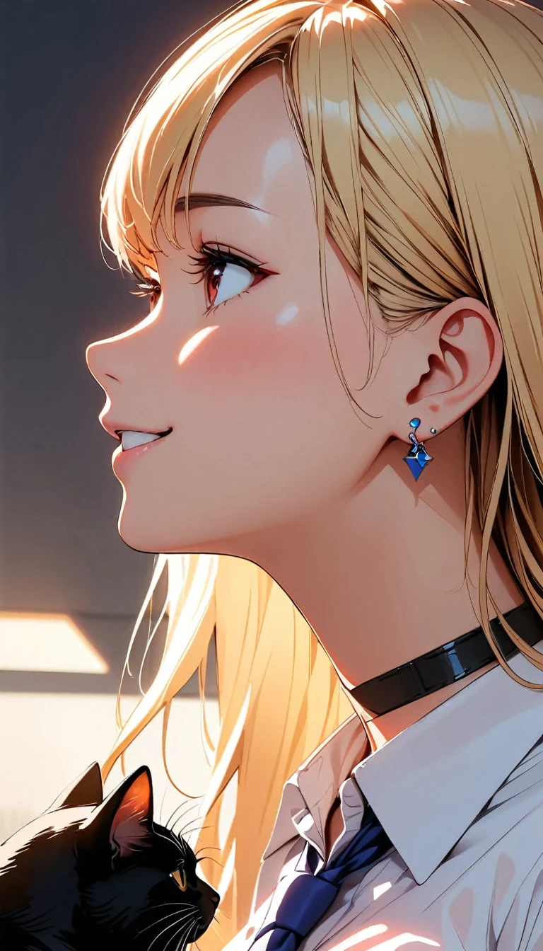 (Highest quality:1.2, Very detailed, Attention to detail, digital coloring, High Contrast, masterpiece:1.2, Highest quality, Best aesthetics), ((1 girl)), blonde, Straight Long Hair, Red eyes, Earrings, Black choker, Collared shirt, Blue tie, smile, blush, Facing the cat, profile,Face Up Shot, Face to face with cats:1.2, profileにフォーカス.