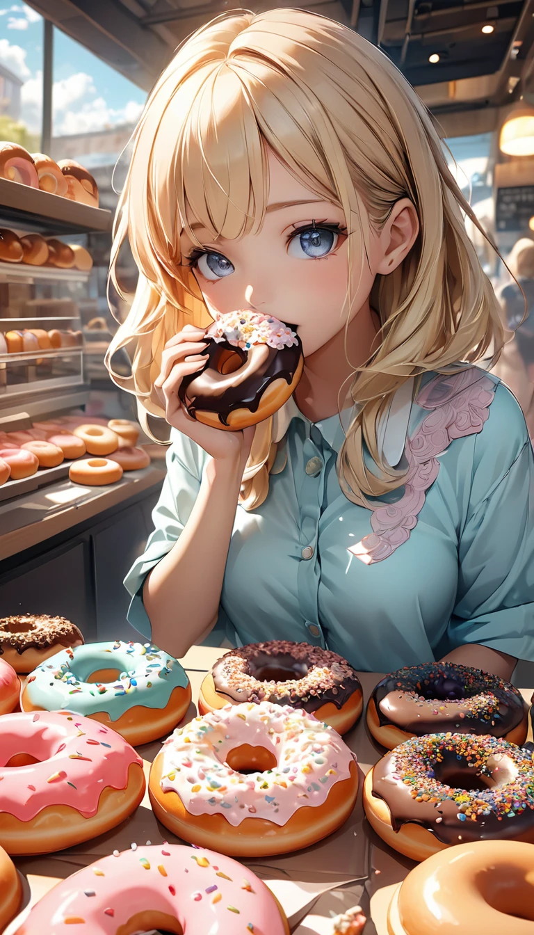 Beautiful, cute and lively donut shop.Host a tasting event.Close-up of girl eating donuts.Beautiful and extremely textured foreground and background,detailed, bright, Animation style high definition and high quality presentation((Masterpieces in up to 16K resolution):1.6),((soft_color_photography:)1.5), ((Super detailed):1.4),((Typical static images and dynamic angles):1.3), ( perfect anatomy )Complex patterns, soft shadows, highly detailed structures, digital art, high detail,