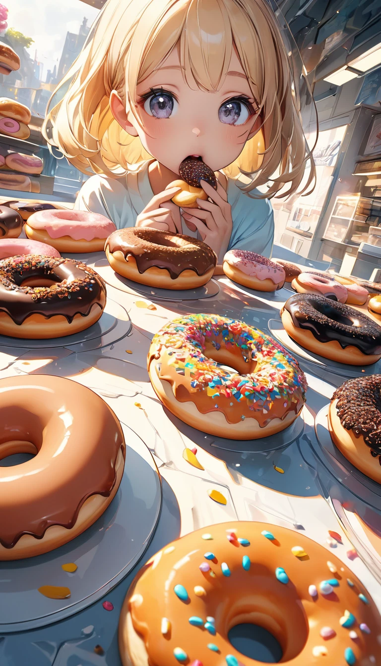 Beautiful, cute and lively donut shop.Host a tasting event.Close-up of girl eating donuts.Beautiful and extremely textured foreground and background,detailed, bright, Animation style high definition and high quality presentation((Masterpieces in up to 16K resolution):1.6),((soft_color_photography:)1.5), ((Super detailed):1.4),((Typical static images and dynamic angles):1.3), ( perfect anatomy )Complex patterns, soft shadows, highly detailed structures, digital art, high detail,
