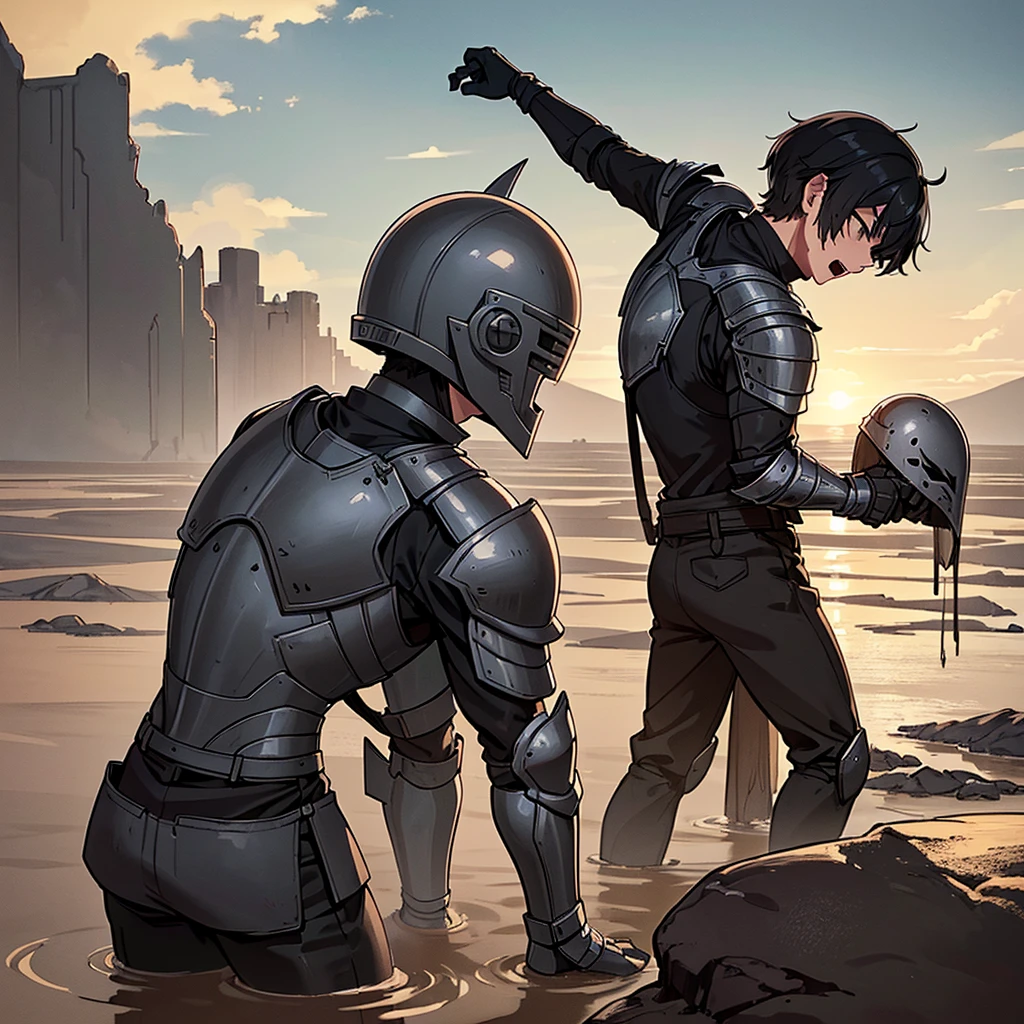 Best illustrations、Best Quality、(((Simple grey armor、Black trousers、Black gloves、Short Hair、Black Hair、20 year old man、Iron Helmet、Iron helmet)))、(((Fighting Pose)))、(Old ruins、desert。Grasasked Knight)、(Black, muddy swamp)、(Medieval Knight)、(Close your eyes、get annoyed、Open your mouth、Get angry、Sweat)、battlefield、(From the back、back view)、Sea of mud、Black Sea、Fall to the ground、sinking into the mud