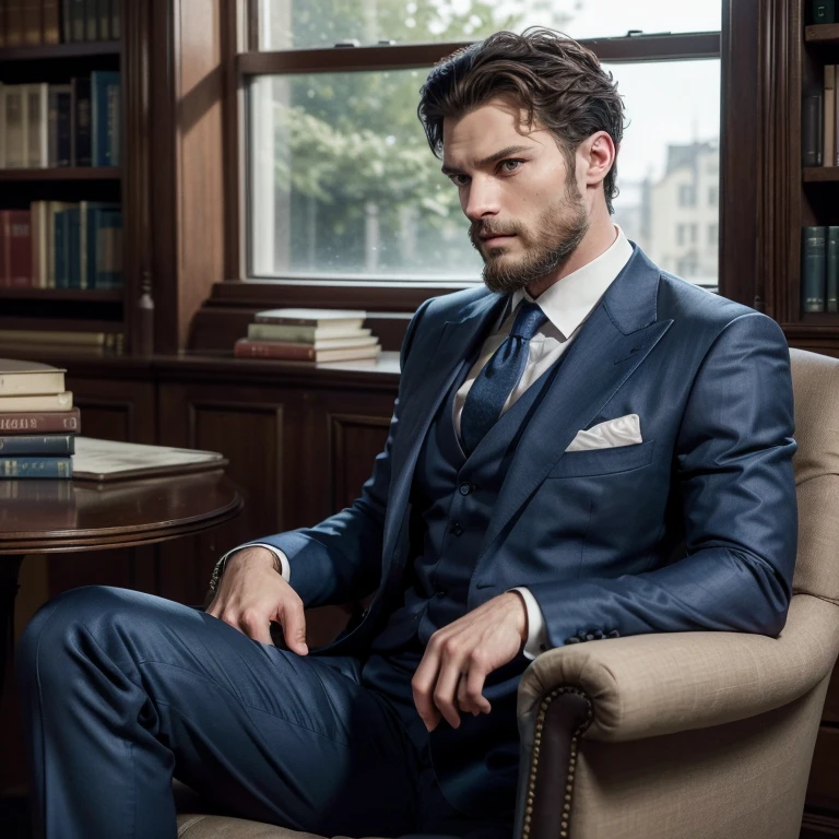 (Man in elegant clothes), ), (wearing a long, full beard,) (blue colored eyes) (whole body) Attractive and serious appearance, dark  brown hair, elegant and elegant, and blue suit with a strong body, Man similar to actor Jamie Dornan, (high quality and realistic image), in the background a brown library sitting in an armchair, he is looking at the window in the library, ((best qualityer, 8k, master part).