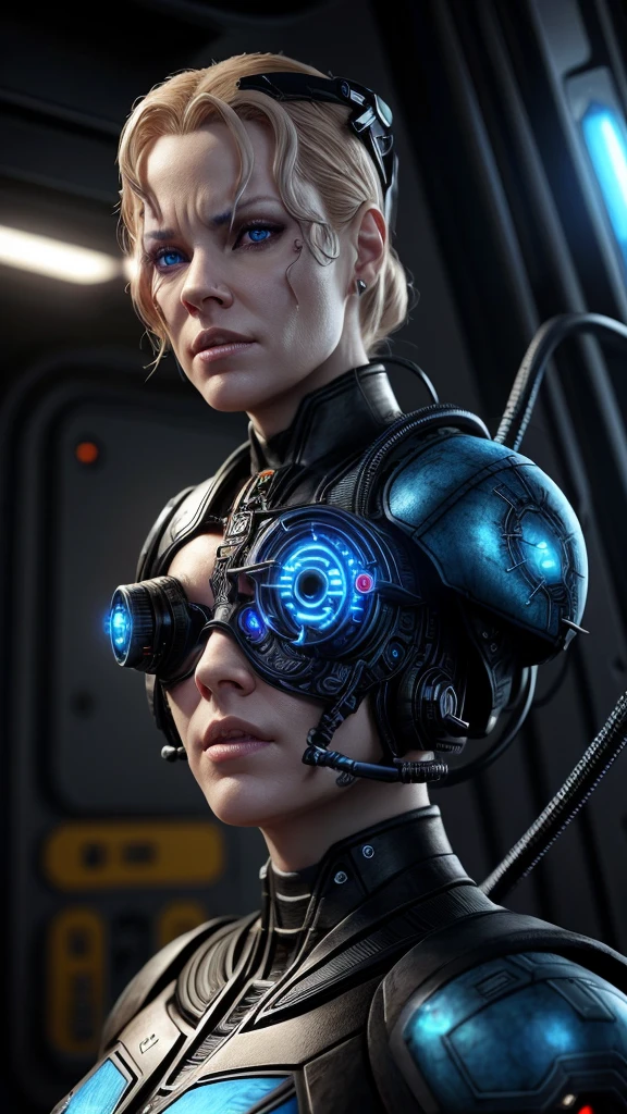 7of9 wearing blue sttldunf uniform,veins,borg,eyepatch,cable,luma,rosalina,detailed face,detailed eyes,detailed lips,metal texture,sci-fi,glowing lights jamesdaly artstyle,
