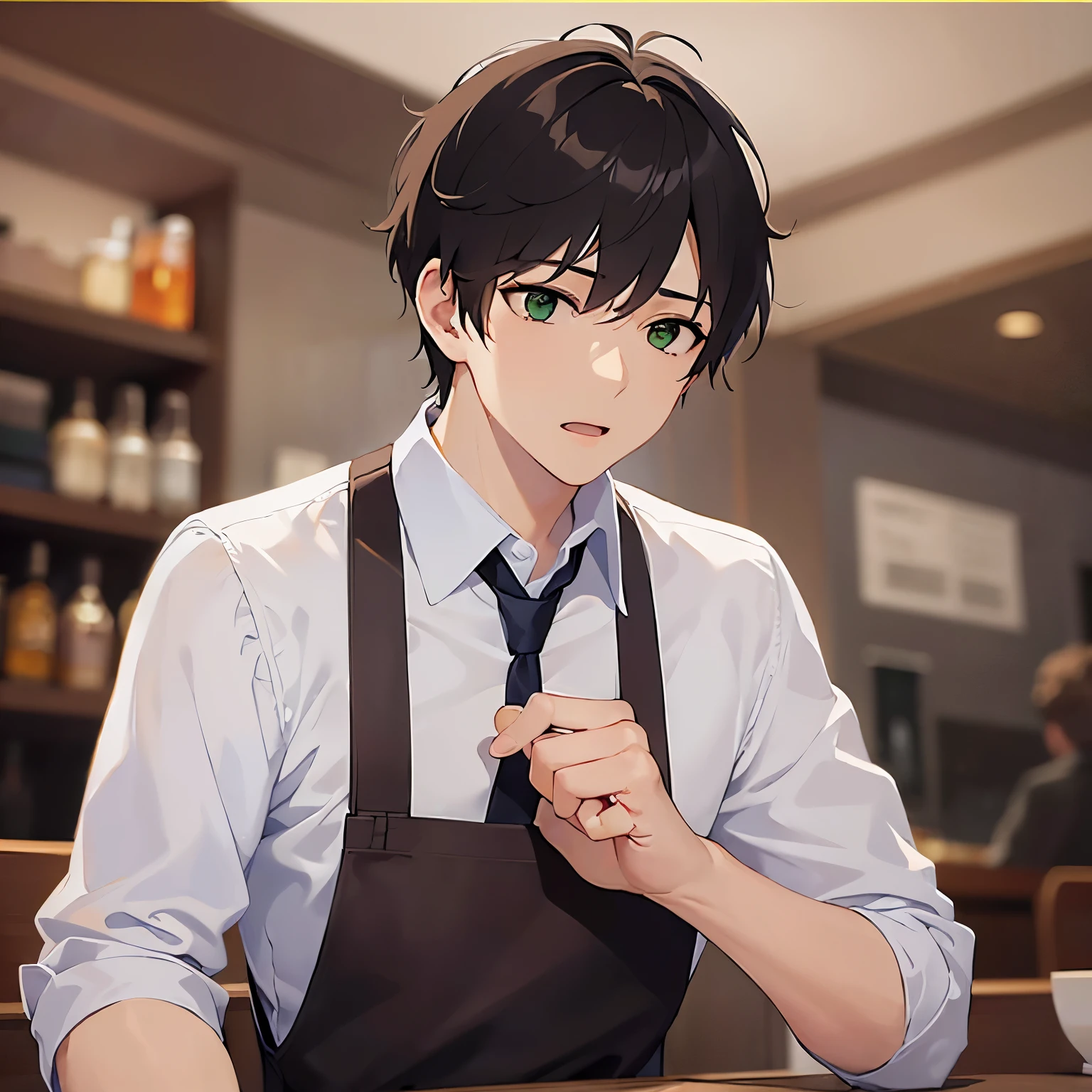 (looking away:1.5),upper body,Putting your hands on your chest、
masterpiece、Highest quality、
BREAK (25-year-old male:1.5) and (Mahogany brown short hair) and (Green Eyes)
BREAK (white collared shirt) 、apron、
Serious,open mouth,The background is the interior of a restaurant at night.