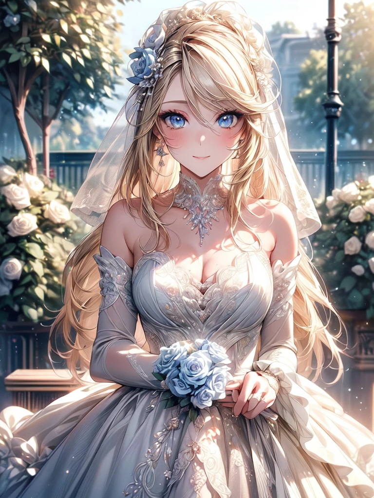 (masterpiece, best quality, beautiful and aesthetic:1.3), looking at viewer, 1girl, solo, light smile, (makeup, long hair, light beige hair, blue eyes:1.2), Octane Render, bridal veil, lace-trimmed dress, see-through, wedding dress, outdoors, white roses, garden, morning, standing, extreme detailed, 