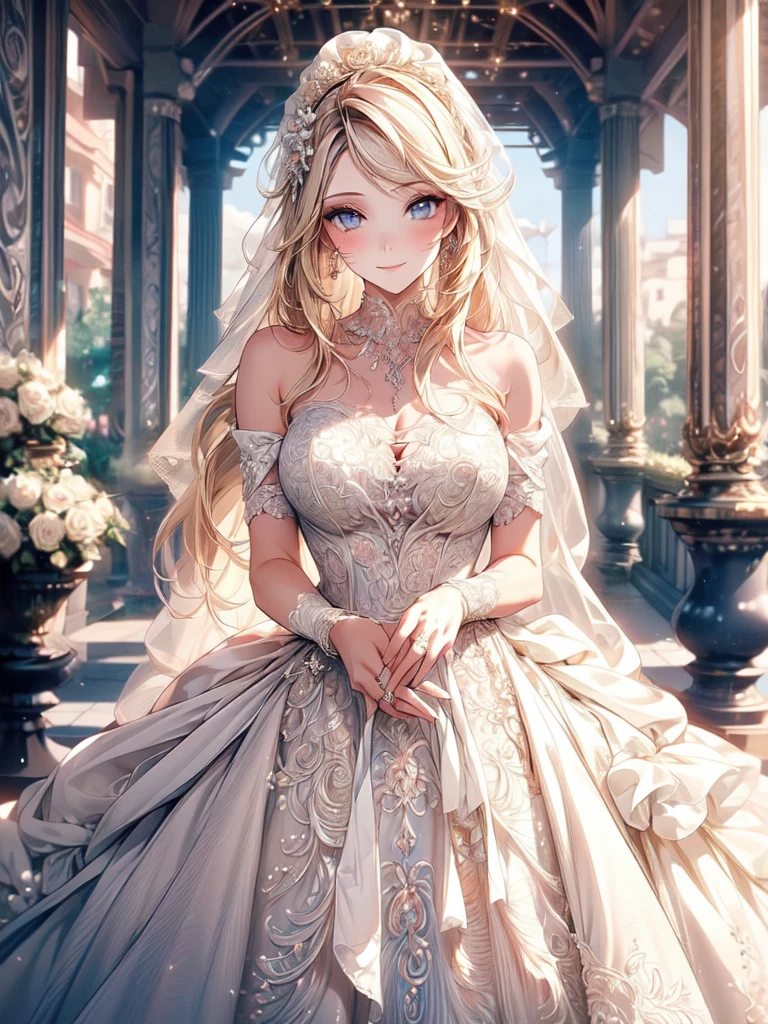 (masterpiece, best quality, beautiful and aesthetic:1.3), looking at viewer, 1girl, solo, light smile, (makeup, long hair, light beige hair, blue eyes:1.2), Octane Render, bridal veil, lace-trimmed dress, see-through, wedding dress, outdoors, white roses, garden, morning, standing, extreme detailed,