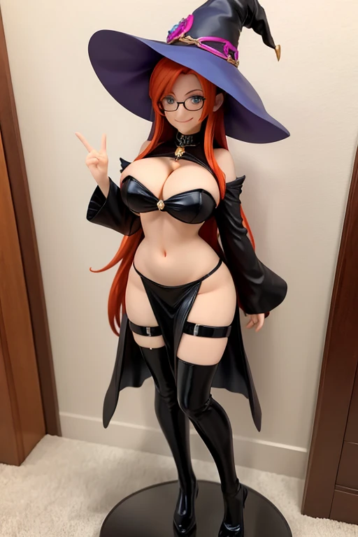 figure of witch, dancing, big breasts, sexy pose, glasses, redhead, hat witch, smile, bkini
